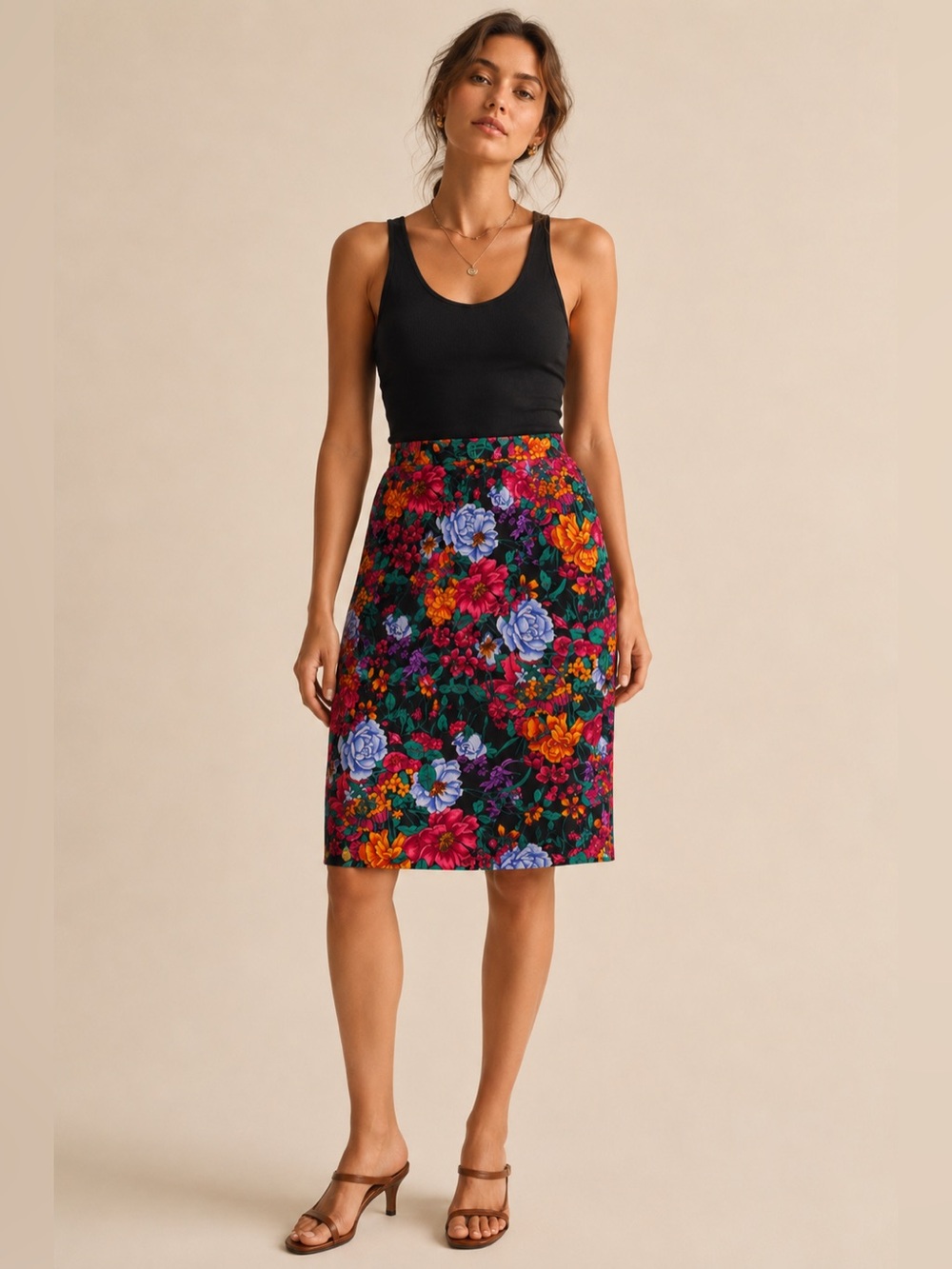 100% silk vintage floral high rise elastic waist skirt